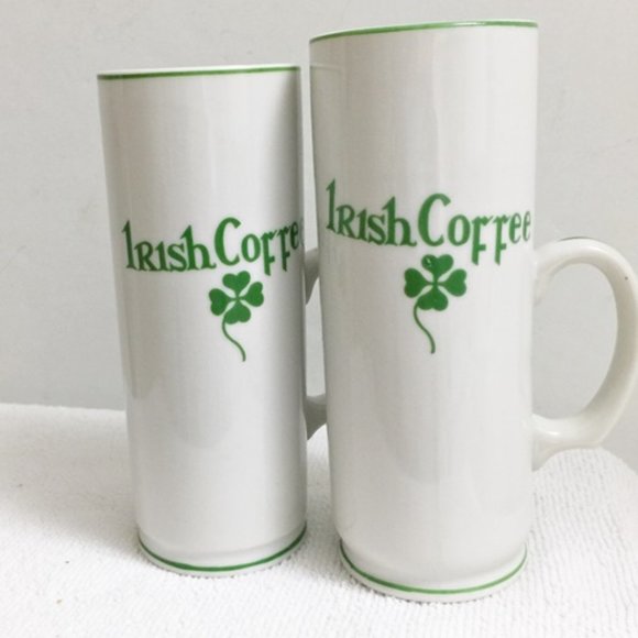 Set of 2 White Porcelain IRISH COFFEE Mugs Cups Shamrocks Green Line Trim - Picture 1 of 3